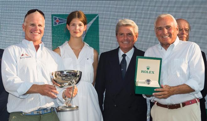 Hap Fauth (right) receives a Rolex Timepiece and the Maxi 72 World Championship Trophy from Riccardo Marini of Rolex and Princess Salwa Aga Khan ©  Rolex / Carlo Borlenghi http://www.carloborlenghi.net