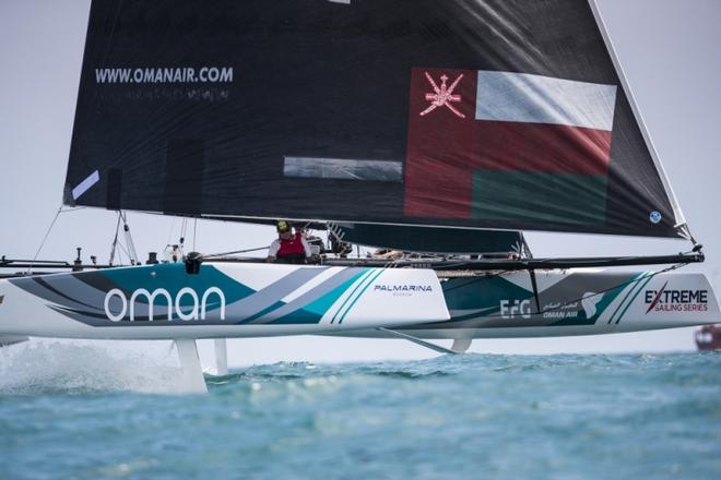 Extreme Sailing Series Barcelona - Act 4 – Oman Air Sailing Team skippered by Phil Robertson with team mates Pete Greenhalgh, Ed Smyth, Nasser Al Mashari and James Wierzbowski racing close to the city of Barcelona on Day 2 of racing ©  Lloyd Images