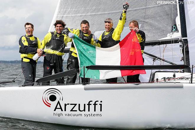 After the success obtained in the Worlds of Torbole in 2012, exactly five years ago on August 4th, the couple helmsman-tactician Fracassoli-Fonda contributed to the success of Italian entry Maidollis by Gianluca Perego with also Giovanni Ferrari, also a part of the 2012 winner team, and Stefano Lagi onboard.  ©  Pierrick Contin http://www.pierrickcontin.fr/