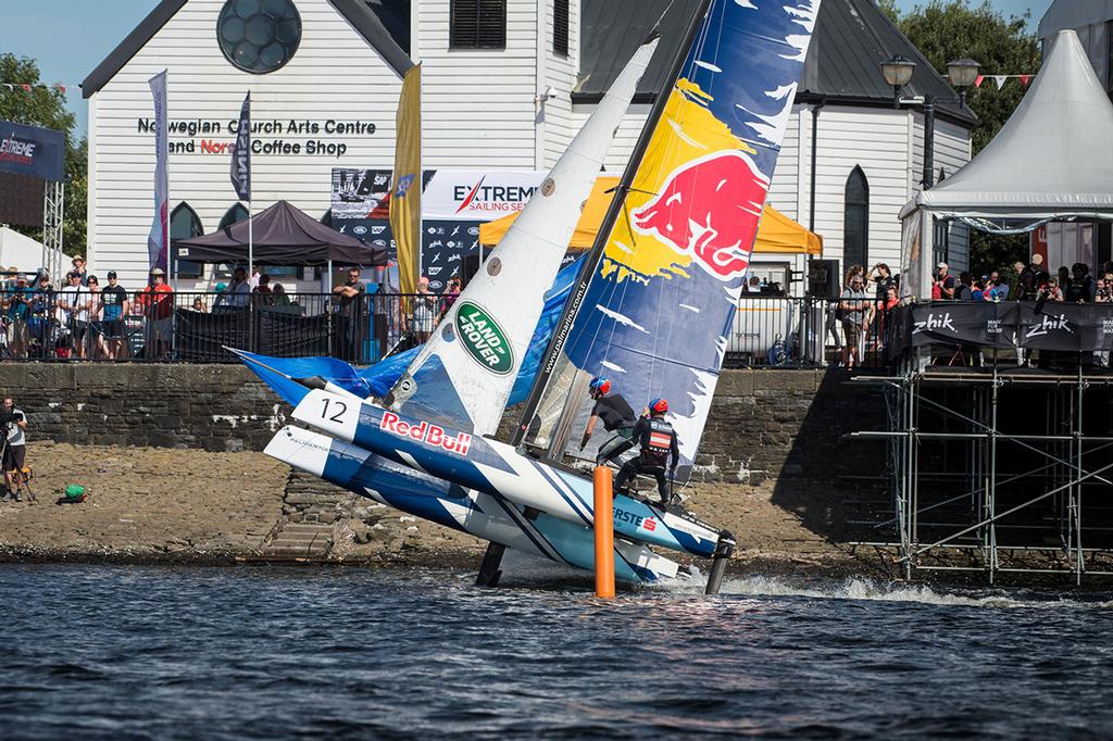 Red Bull Sailing Team put on a show for the local crowds watching the final day's Flying Phantom Series in Cardiff Bay, Wales. - 2017 Extreme Sailing Series™ Act 6 photo copyright  Vincent Curutchet taken at  and featuring the  class