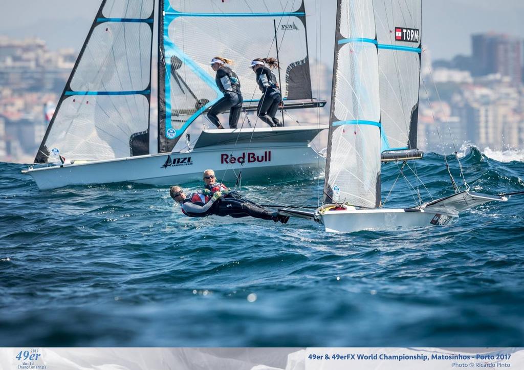 New Zealand cross behind Denmark - 2017 49er and 49erFx Worlds, Final day, Portugal photo copyright Ricardo Pinto http://www.americascup.com taken at  and featuring the  class