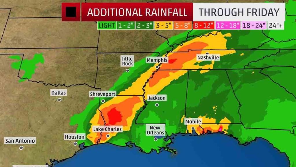 Additional Rainfall Outlook - Areas in red, purple, pink and white are in the highest threat for additional heavy rainfall from Harvey through Friday. © The Weather Channel