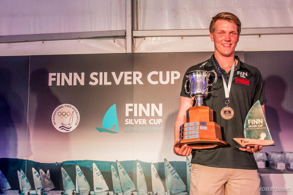 Oskari Muhonen with the Silver Cup - 2017 U23 Finn World Championship ©  Robert Deaves