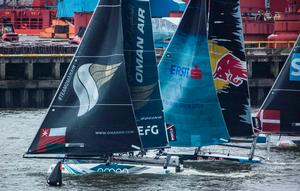 Act 5, Extreme Sailing Series Hamburg – Day 3 – Oman Air maintained its lead while Red Bull Sailing Team climbed from bottom of the table to second after seven nail-biting races. photo copyright  Lloyd Images taken at  and featuring the  class