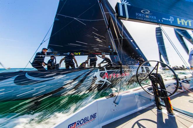 Bronenosec Sailing Team and Artemis Racing Youth come into the windward mark neck and neck - 2017 RC44 Cascais Cup ©  Pedro Martinez / Martinez Studio / RC44