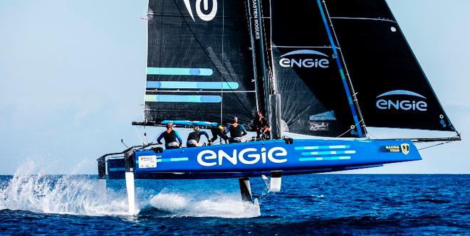 Day 2 – Sebastien Rogues' Team ENGIE currently holds third – GC32 Orezza Corsica Cup © Jesus Renedo / GC32 Racing Tour