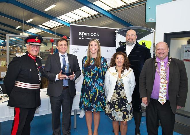 Spinlock are presented with their second Queen's Award - L-R: The Isle of Wight's Lord-Lieutenant Major General Martin White CB CBE JP; Spinlock CEO Chris Hill; Spinlock Operations Director Caroline Senior; Local Councillor Lora Peacey-Wilcox; High Sheriff Ben Rouse and Cowes Town Mayor Paul Fuller. © Spinlock