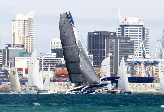 Sean Langman's Team Australia on the Coastal startline in 2013. Team Australia is the only multihull to beat Frank Racing in the Coastal Classic since 2010.  © PIC Coastal Classic http:www.coastalclassic.co.nz