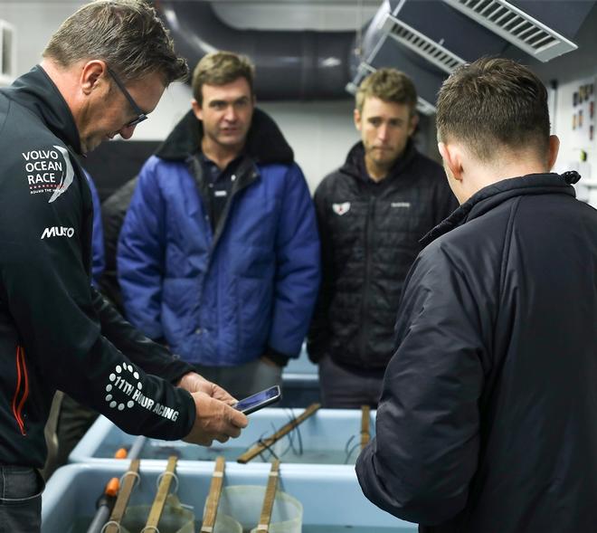 Sailors Phil Harmer, Charlie Enright, and Nick Dana look on as Dr. Huw Griffiths gives a tour around the British Antarctic Survey's aquarium which allows scientists to study specimens from the Antarctic Sea back in Cambridge. © Vestas 11th Hour Racing