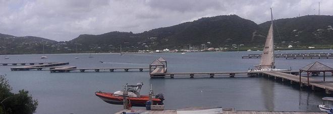 Antigua Yacht Club Marina taken from upstairs at the Antiga Yacht Club complete with ABSAR rib on its boat lift. © ABMA