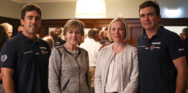 Prior to dinner, Dame Polly Courtice welcomed sailors to the university and Jo Royle spoke about her sailing experience and passion for protecting the marine environment. From left to right: Mark Towill, Dame Polly Courtice, Jo Royle, and Charlie Enright. © Vestas 11th Hour Racing