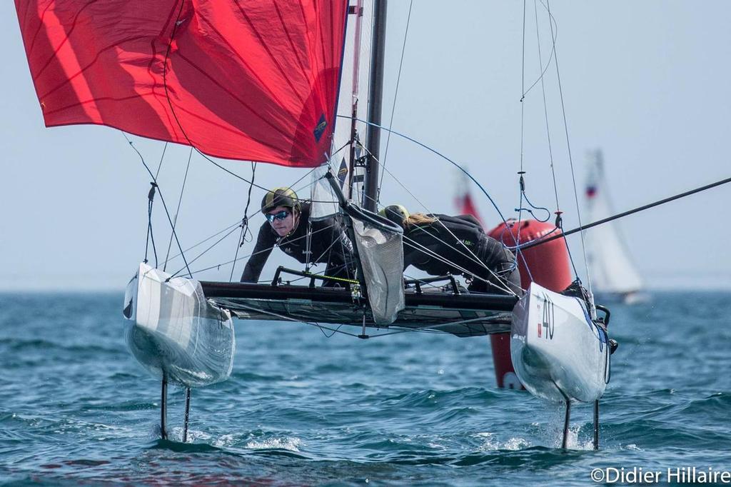Olivia Mackay and Micah Wilkinson whip through a foiling gybe - Day 3, Nacra 17 Worlds La Grande Motte, France. Image Didier Hillare photo copyright Nacra 17 World Championship taken at  and featuring the  class