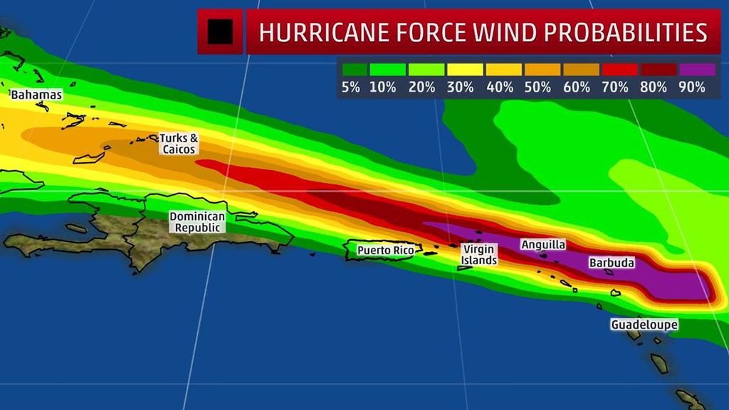 Tropical-Storm-Force Wind Probabilities - The shaded colors represent the probability of any one location experiencing tropical-storm-force winds from Irma in the next five days. © The Weather Channel