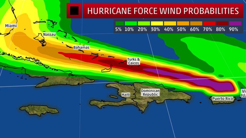 Hurricane Force Wind Probabilities - The shaded colors represent the probability of any one location experiencing hurricane force winds from Irma in the next five days. photo copyright The Weather Channel taken at  and featuring the  class
