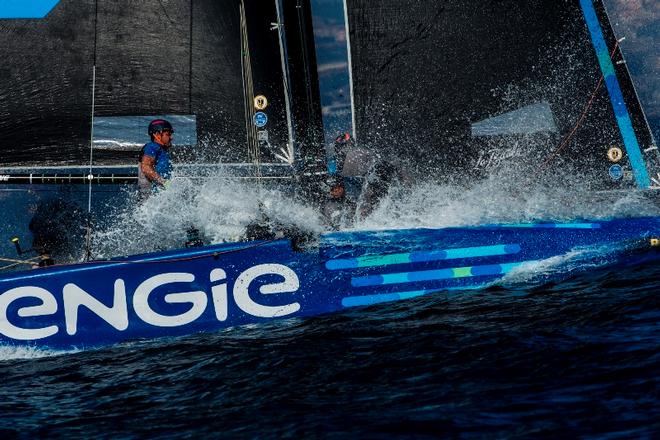 A wet ride for Sebastien Rogues' crew on board Team ENGIE – Marseille One Design ©  Jesus Renedo / GC32 Racing Tour