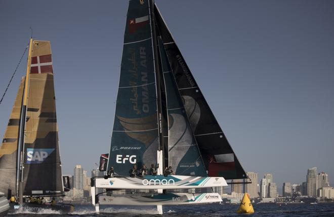 The Extreme Sailing Series 2017. Act 8. 19th - 22nd October 2017. San Diego, California, USA. The 'Oman Air' race team shown in action close to the shore, skippered by Phill Robertson (NZL) with team mates Pete Greenhalgh (GBR), Ed Smyth (NZL/AUS), James Wierzbowski (AUS) and Nasser Al Mashari (OMA) © Lloyd Images http://lloydimagesgallery.photoshelter.com/