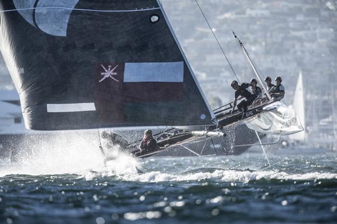 The Extreme Sailing Series 2017. Act 8. 19th - 22nd October 2017. San Diego, California, USA. The 'Oman Air' race team shown in action close to the shore, skippered by Phill Robertson (NZL) with team mates Pete Greenhalgh (GBR), Ed Smyth (NZL/AUS), James Wierzbowski (AUS) and Nasser Al Mashari (OMA) © Lloyd Images http://lloydimagesgallery.photoshelter.com/