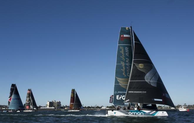 The Extreme Sailing Series 2017. Act 7. 19th - 22nd October 2017. San Diego, California, USA. The 'Oman Air' race team shown in action close to the shore, skippered by Phill Robertson (NZL) with team mates Pete Greenhalgh (GBR), Ed Smyth (NZL/AUS), James Wierzbowski (AUS) and Nasser Al Mashari (OMA) © Lloyd Images http://lloydimagesgallery.photoshelter.com/