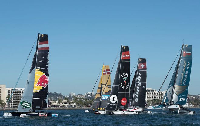 The Extreme Sailing Series 2017 - 19th - 22nd October 2017. San Diego, California, USA. The fleet of race yachts in action during day4 of racing close to the city. © Lloyd Images http://lloydimagesgallery.photoshelter.com/