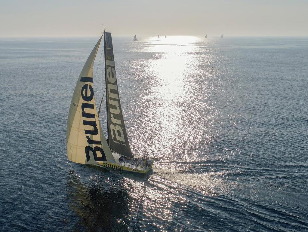 Prologue start on-board Brunel. Drone photos, Brunel in foreground, fleet in the distance. Photo by Rich Edwards/Volvo Ocean Race. 08 October, 2017 © Volvo Ocean Race http://www.volvooceanrace.com