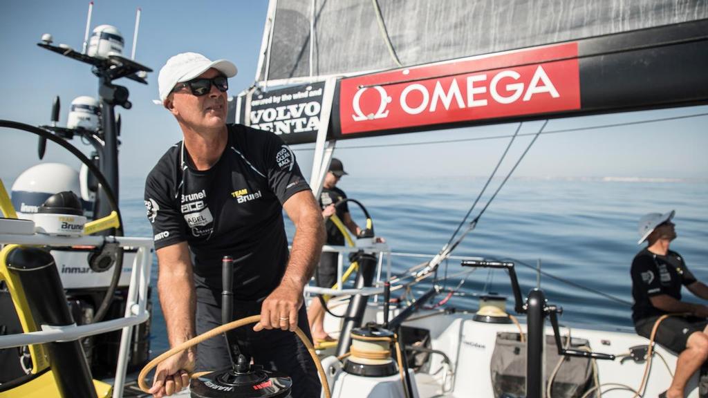 Prologue onboard Brunel. Bouwe mans a winch in front of the Omega branding. Photo by Rich Edwards/Volvo Ocean Race. 09 October, 2017 © Volvo Ocean Race http://www.volvooceanrace.com
