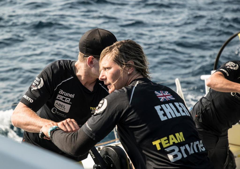 Prologue, day 3 on-board Team Brunel. Abby Ehler in grinding action. Photo by Rich Edwards/Volvo Ocean Race. 10 October, 2017 photo copyright Volvo Ocean Race http://www.volvooceanrace.com taken at  and featuring the  class