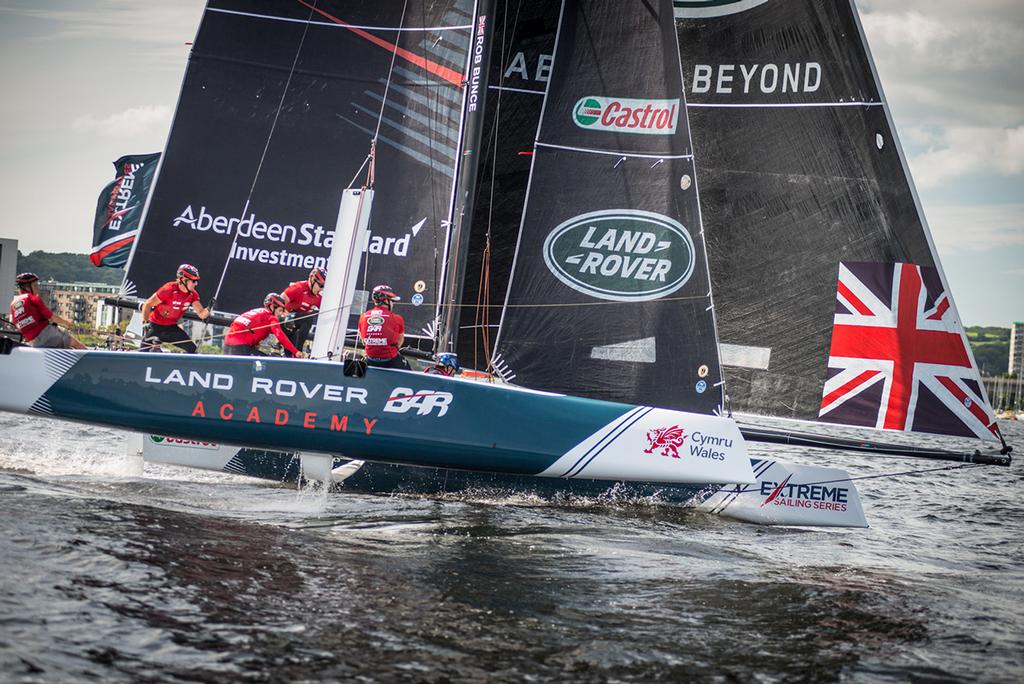 British-flagged Land Rover BAR Academy in action on home-waters at the last Act in Cardiff, UK. ©  Owen Buggy