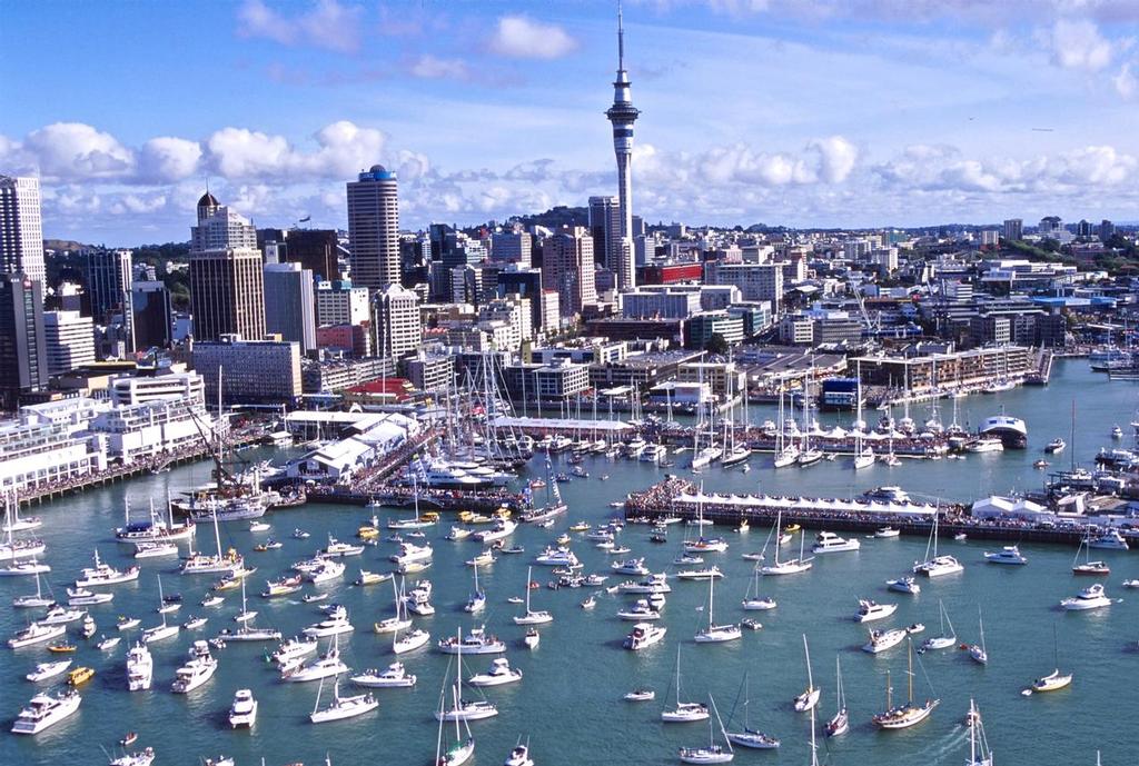 The Challenger Luna Rossa returns to the crowds gathered around Auckland Viaduct Harbour after racing in the 2000 America's Cup photo copyright Bob Greiser/America's Cup taken at  and featuring the  class