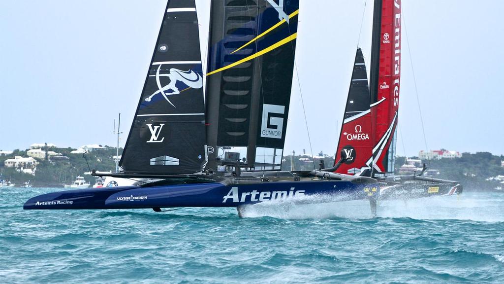 Artemis Racing leads Emirates Team New Zealand, believed to be the race in which ETNZ cracked their light weather daggerboards - Leg 4, race 4 - Challenger Finals, Day 15  - 35th America's Cup - Bermuda  June 11, 2017 photo copyright Richard Gladwell www.photosport.co.nz taken at  and featuring the  class