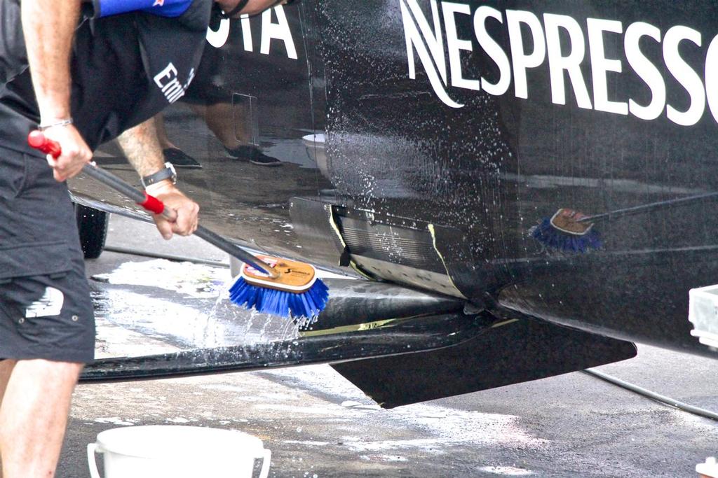 Emirates Team New Zealand revealed a ripped daggerboard gasket after being hauled after Challenger Final Race 6.  © Richard Gladwell www.photosport.co.nz