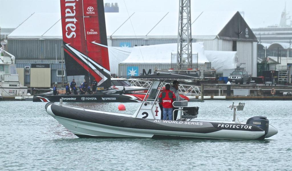 Oracle Team USA report back on the appearance of cyclors on ETNZ’s AC50 when it is splashed in Westhaven, Auckland © Richard Gladwell www.photosport.co.nz