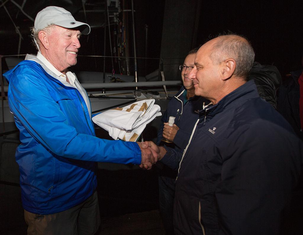 George David being presented with the 2017 Rolex Middle Sea Race Line Honours Flag by Royal Malta Yacht Club Commodore Godwin Zammit - Rolex Middle Sea Race 2017 photo copyright  Rolex/ Kurt Arrigo http://www.regattanews.com taken at  and featuring the  class