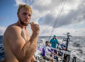 Leg 1 – Alicante to Lisbon, First Morning onboard team AkzoNobel, Kiwi sailor Brad Ferrand brushes his teeth after waking up from his 2 hour sleep – Volvo Ocean Race photo copyright  Konrad Frost / Volvo Ocean Race taken at  and featuring the  class