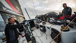 Leg 1, Day 6 – Alicante to Lisbon, onboard Team Sun Hung Kai / Scallywag. Skipper David Witt smiles as his jokes with his navigator Steve Hayles – Volvo Ocean Race photo copyright  Jeremie Lecaudey / Volvo Ocean Race taken at  and featuring the  class