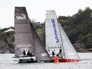 Coopers-Rag and Famish Hotel just headed Panasonic Lumix for second place in Rose Bay – 18ft Skiffs Spring Championship photo copyright  Frank Quealey / Australian 18 Footers League taken at  and featuring the  class