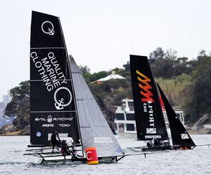 Quality Marine Clothing grabbed the lead for the first time at the Rose Bay windward buoy – 18ft Skiffs Spring Championship photo copyright  Frank Quealey / Australian 18 Footers League taken at  and featuring the  class