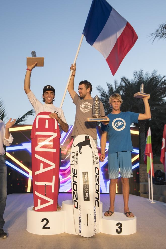 Day 5 – Oman men's podium – From left: Axel Mazella, Nico Parlier and Olly Bridge – Formula Kite World Championships Oman ©  Toby Bromwich