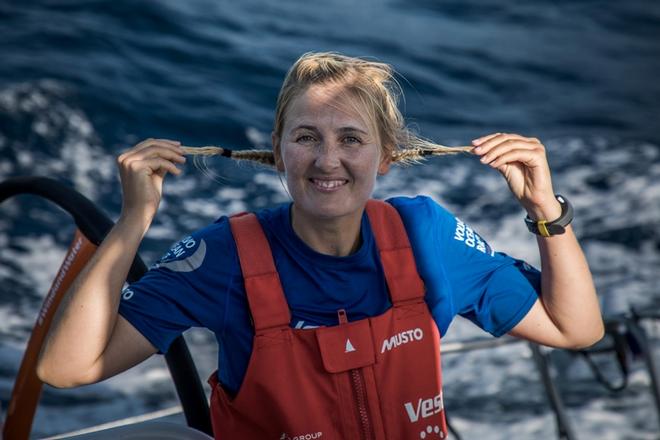 Day 9, Leg 2, Lisbon to Cape Town, on board Vestas 11th Hour. 13 November, 2017. Jena crosses the equator for the first and she already knows taht she will loose some hairs – Volvo Ocean Race ©  Martin Keruzore / Volvo Ocean Race