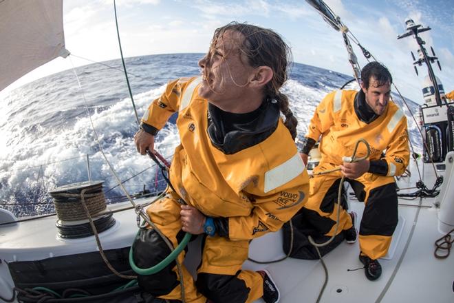 Day 10, Leg 2, Lisbon to Cape Town, sailing down the coast of Brazil on board Turn the Tide on Plastic. Liz Wardley pumped up on adrenaline after going out on the wire. 15 November, 2017 – Volvo Ocean Race ©  Sam Greenfield / Volvo Ocean Race