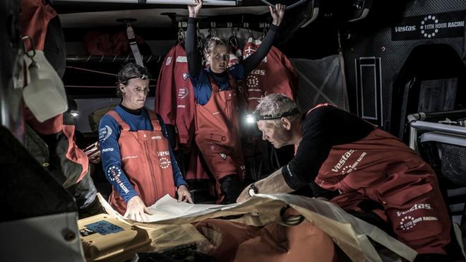 Day 3, Leg 2, Lisbon to Cape Town, on board Vestas 11th Hour. sail repair down below after an heavy night. 07 November, 2017 – Volvo Ocean Race ©  Martin Keruzore / Volvo Ocean Race