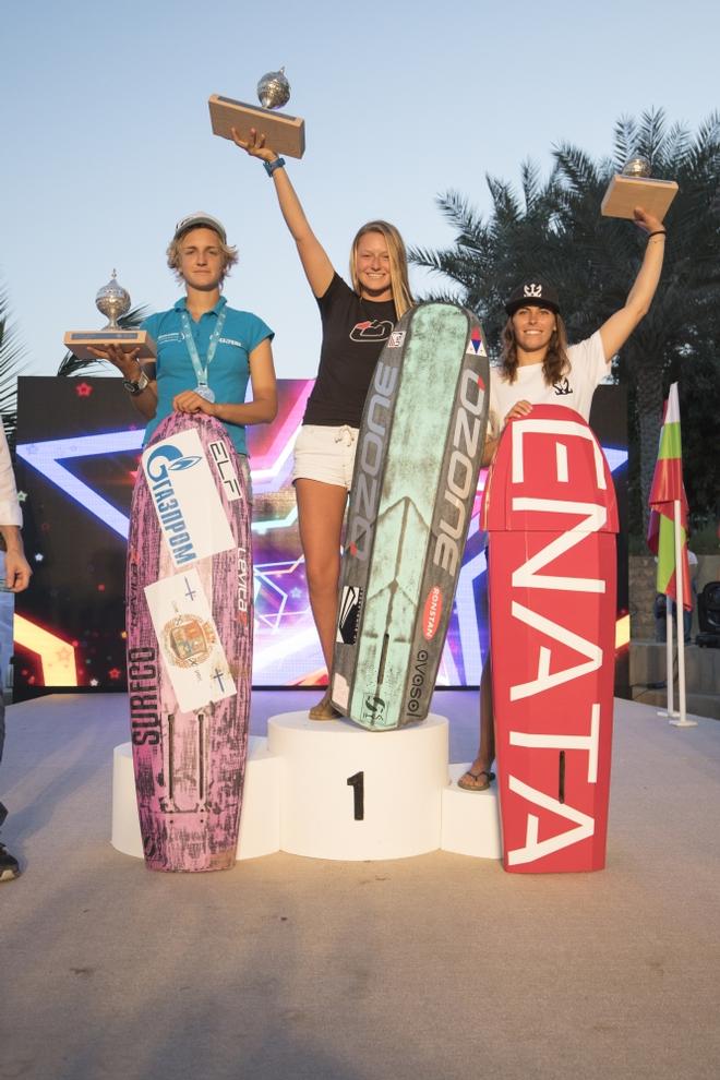 Day 5 – Women's podium – From left: Elena Kalinina, Daniela Moroz and Alexia Fancelli – Formula Kite World Championships Oman ©  Toby Bromwich