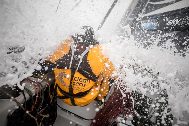 Day 17, Leg 2, Lisbon to Cape Town, Henry Bomby eats a wave. Wet, windy and rainy conditions as Turn the Tide on Plastic passes Tristan da Cunha in the mid Atlantic. 21 November, 2017 – Volvo Ocean Race ©  Sam Greenfield / Volvo Ocean Race