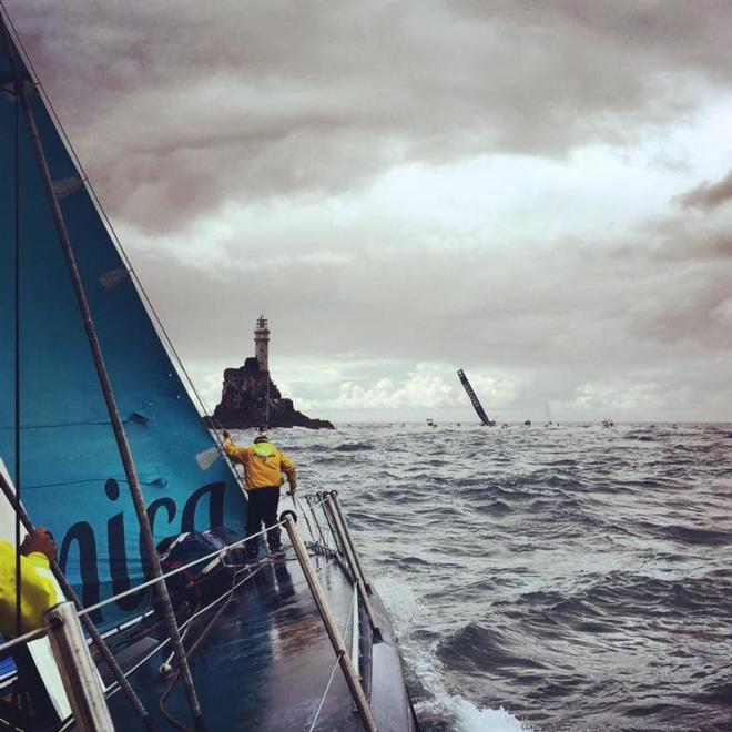 An onboard shot shows Volvo 70 Monster Project coming up to the iconic Fastnet Rock in the Rolex Fastnet Race this year ©  Monster Project