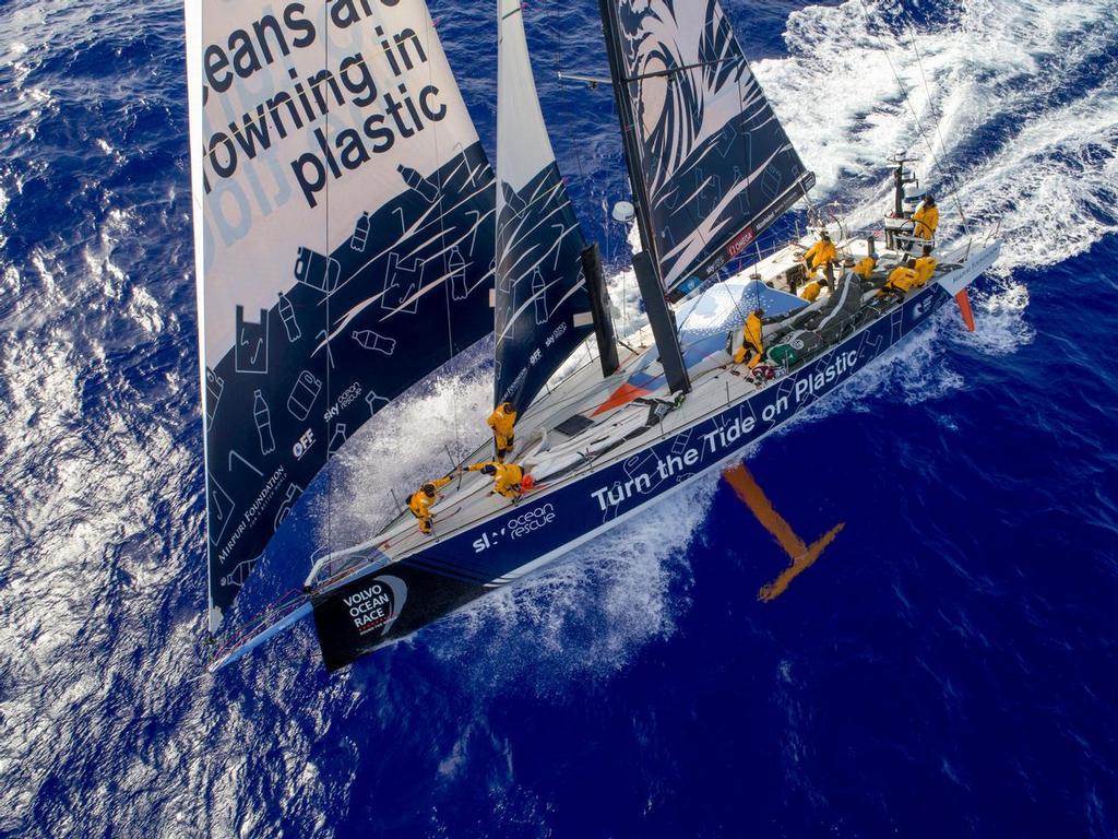 Leg 02, Lisbon to Cape Town, day 10,  Sailing down the coast of Brazil on board Turn the Tide on Plastic. An aerial POV of a peel with Liz Wardley on the bow. Volvo Ocean Race. 15 November, 2017 ©  Sam Greenfield / Volvo Ocean Race