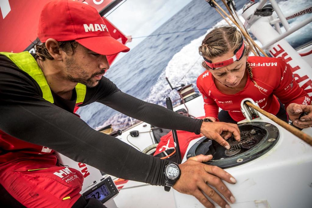 Leg 02, Lisbon to Cape Town, day 12, on board MAPFRE, Guillermo Altadil and Sophie Ciscek fixing the main sail’s winch. Volvo Ocean Race. 16 November, 2017 ©  Ugo Fonolla / Volvo Ocean Race