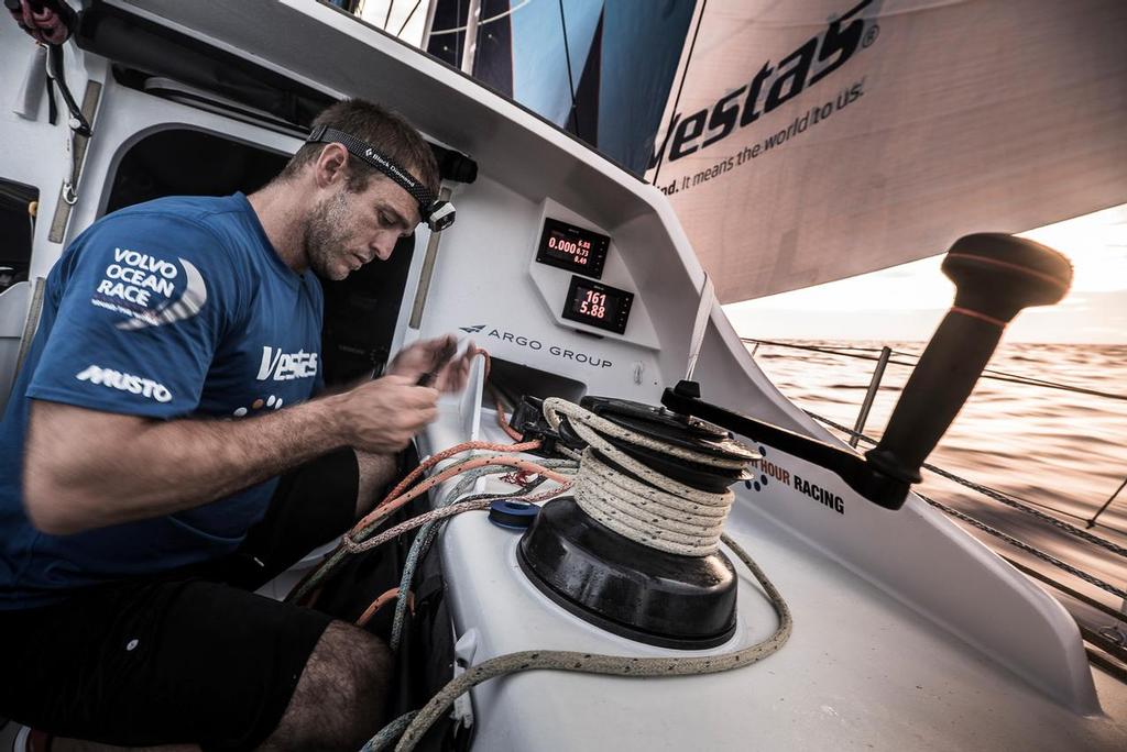 Leg 02, Lisbon to Cape Town, day 12, on board Vestas 11th Hour. Nick Dana is working on a pit and makes sure all the boat is ready for the southern ocean. Volvo Ocean Race. 16 November, 2017. ©  Martin Keruzore / Volvo Ocean Race