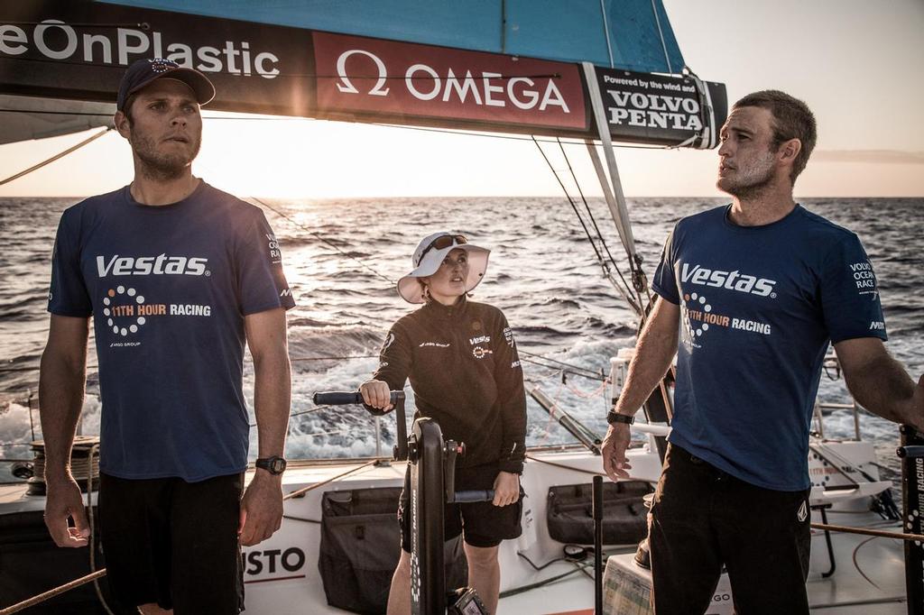 Leg 02, Lisbon to Cape Town, day 13, on board Vestas 11th Hour. Photo by Martin Keruzore/Volvo Ocean Race. 17 November, 2017. Jena Mai Hansen and her two bodyguards. Nick Dana and Tom Johnson. ©  Martin Keruzore / Volvo Ocean Race