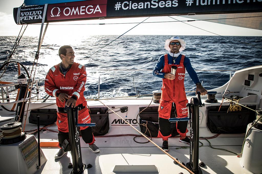 Leg 02, Lisbon to Cape Town, day 14, on board Vestas 11th Hour.  another sunny day going downwind along the brazilian coast. Charlie Enright and Mark Towill joking during the coffee break - 18 November, 2017. ©  Martin Keruzore / Volvo Ocean Race