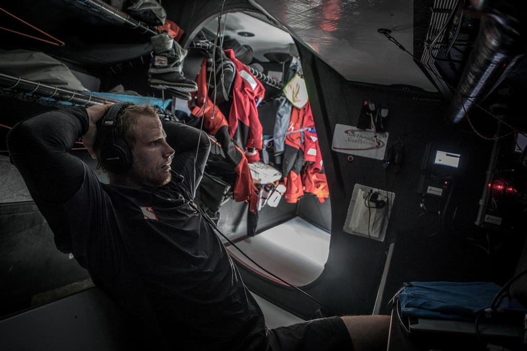 Leg 02, Lisbon to Cape Town, Day 15 Luke Parkinson relaying instructions to the deck from the nav station on board Sun Hung Kai/Scallywag. Photo by Konrad Frost/Volvo Ocean Race. 19 November, 2017. © Volvo Ocean Race http://www.volvooceanrace.com