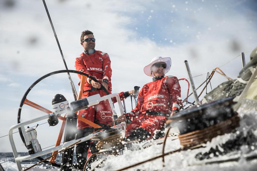 Leg 02, Lisbon to Cape Town, day 15, on board Vestas 11th Hour. Photo by Martin Keruzore/Volvo Ocean Race. 19 November, 2017. Charlie Enright and  Jena Mai Hansen enoying the ride. photo copyright Volvo Ocean Race http://www.volvooceanrace.com taken at  and featuring the  class